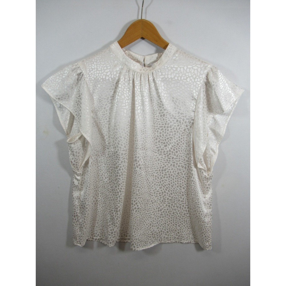 Nine West Animal Print Satin Blouse Women Large White Flutter Sleeve Office